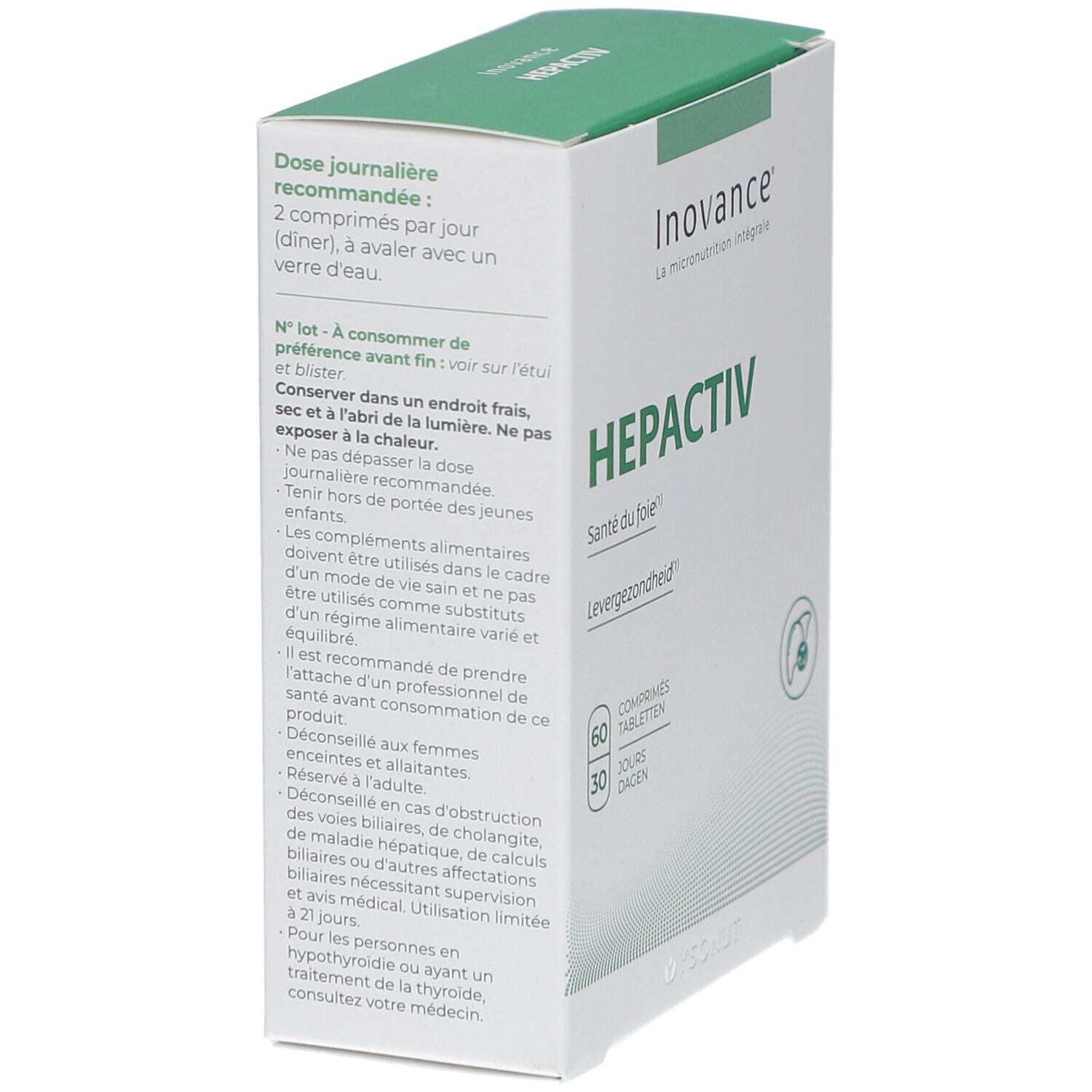 Witte en groene doos Inovance Hepactiv. Tekst: dosering, opslag, waarschuwingen. Achterkant.