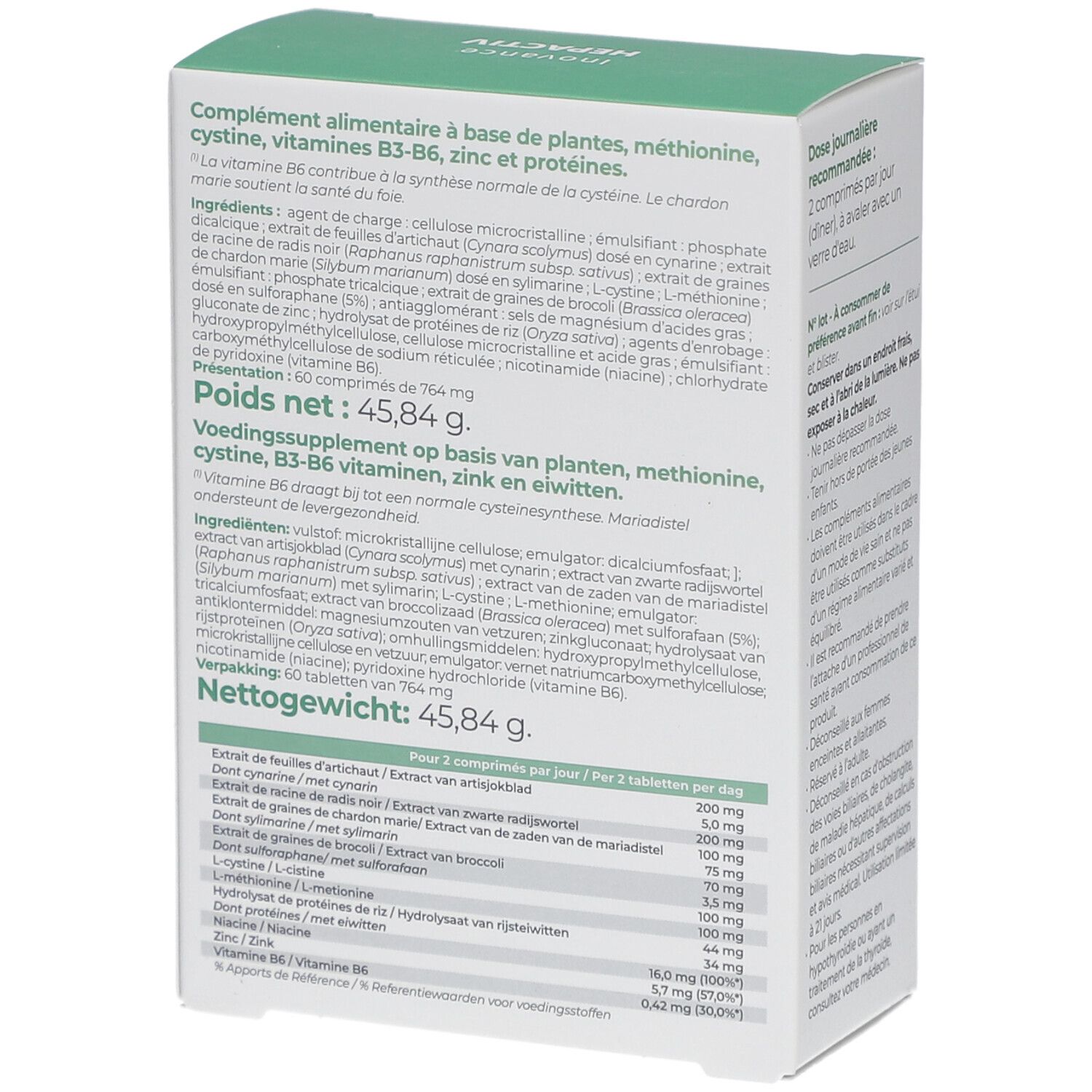 Achterkant van de witte en groene doos. Tekst: ingrediënten, voedingswaarde, nettogewicht 45,84 g.