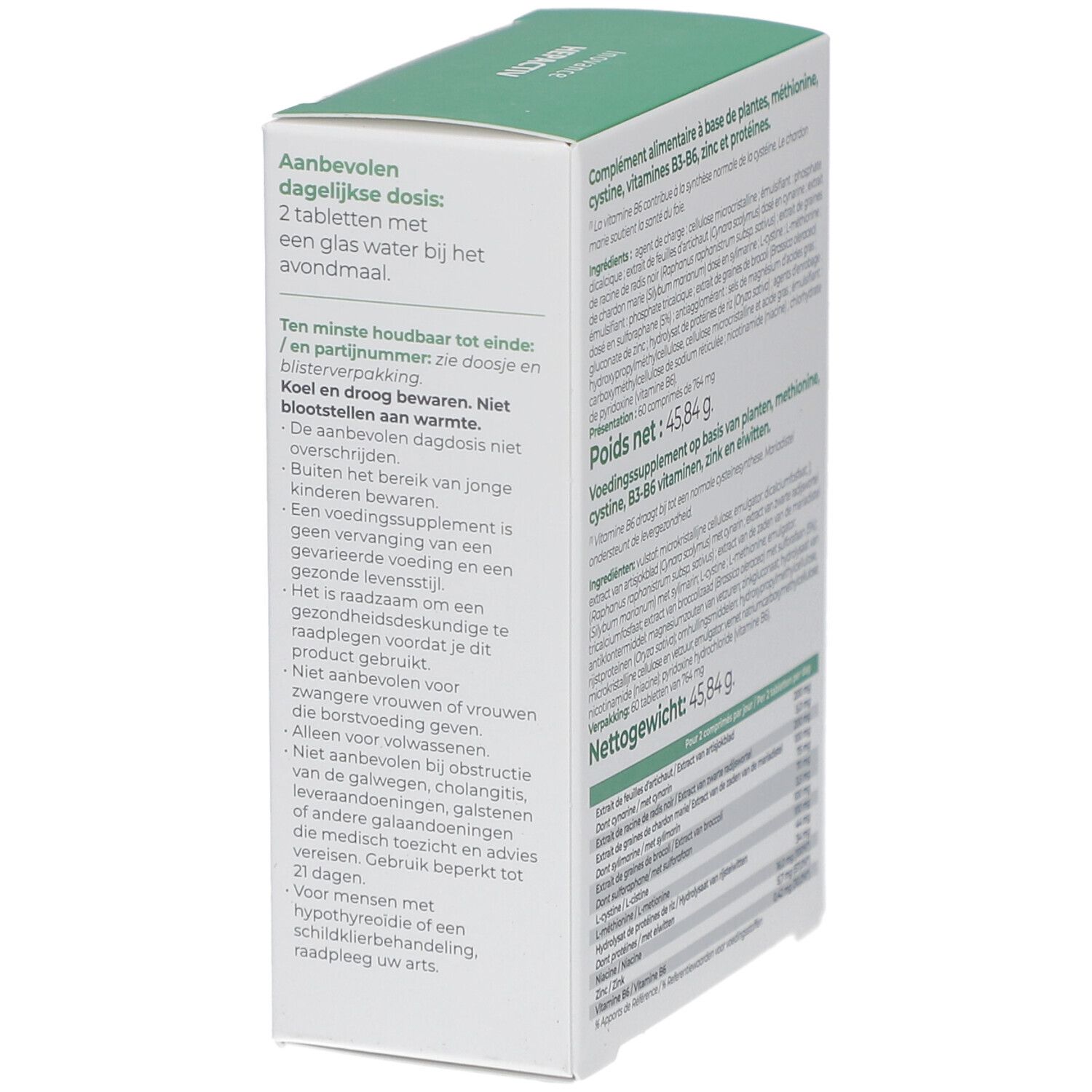 Achterkant van de witte en groene doos. Tekst: dosering, waarschuwingen, ten minste houdbaar tot.