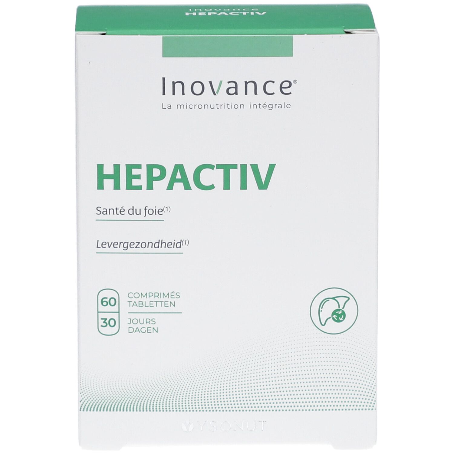 Witte en groene doos Inovance Hepactiv. Bevat 60 tabletten voor 30 dagen. Illustratie van een lever.