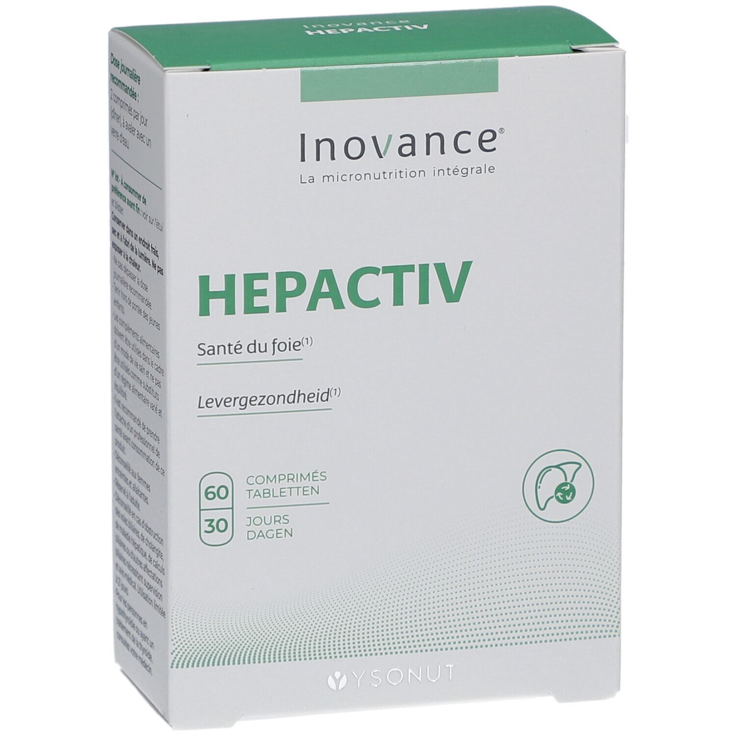 Witte en groene doos Inovance Hepactiv. Bevat 60 tabletten voor 30 dagen. Illustratie van een lever.