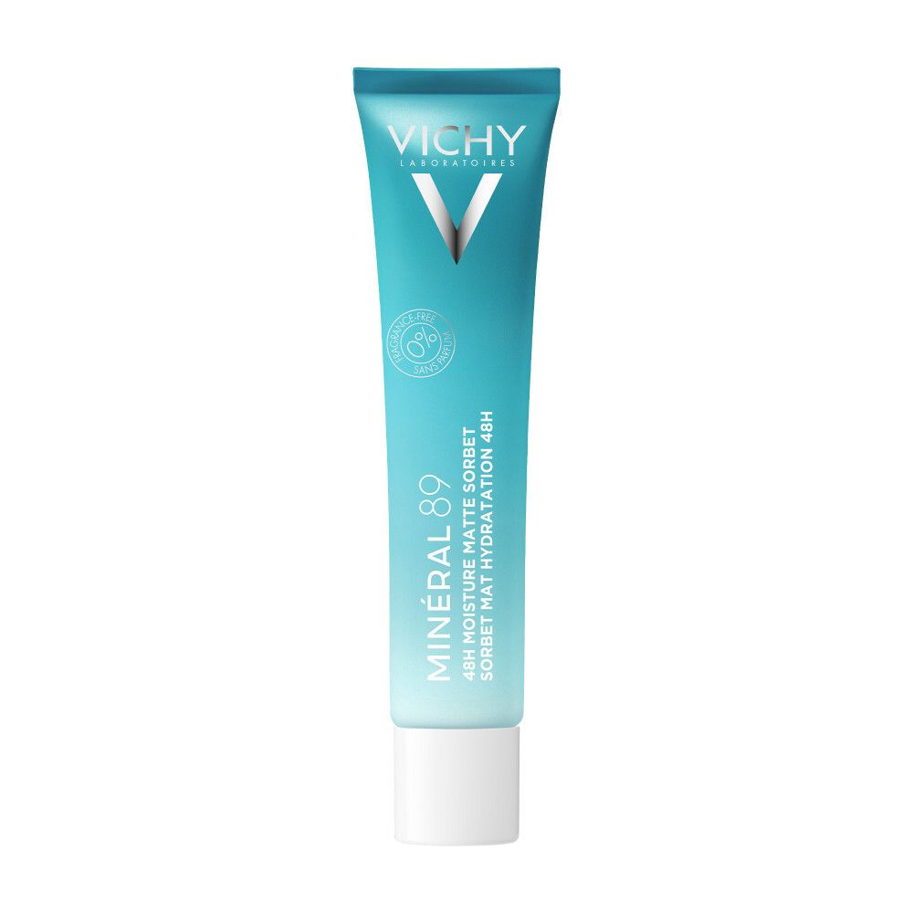 Turquoise tube met witte dop. Vichy-logo en productinformatie. Tekst: Minéral 89, 48h Moisture Matte Sorbet.