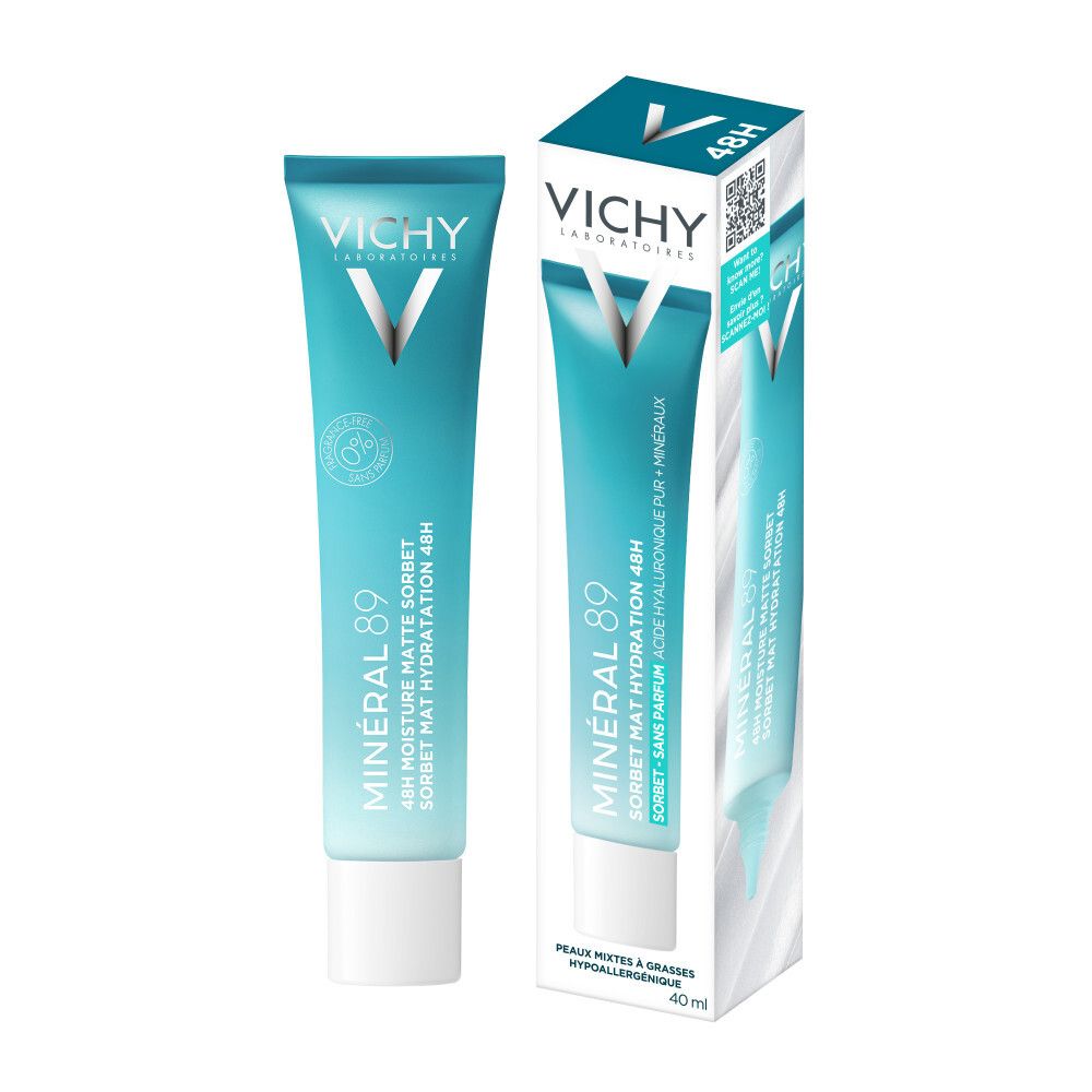Produit et emballage. Tube et boîte. Logo Vichy et informations produit. Texte : Minéral 89, 48h Moisture Matte Sorbet.