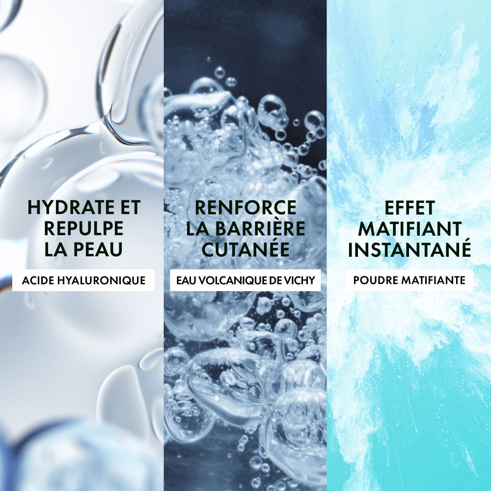 Trois blocs de texte sur fond d'eau. Textes : Hydrate et repulpe la peau, Renforce la barrière cutanée, Effet matifiant instantané.