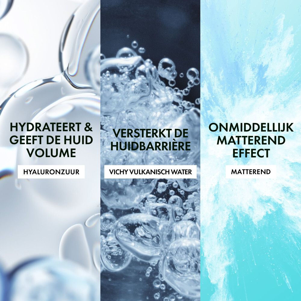 Drie tekstblokken op waterachtergrond. Teksten: Hydrateert & geeft de huid volume, Versterkt de huidbarrière, Onmiddellijk matterend effect.