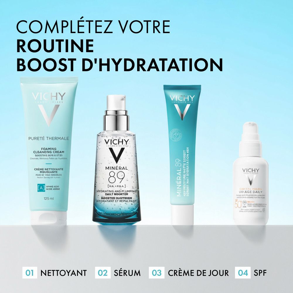 Quatre produits. Texte : Complétez votre routine boost d'hydratation.