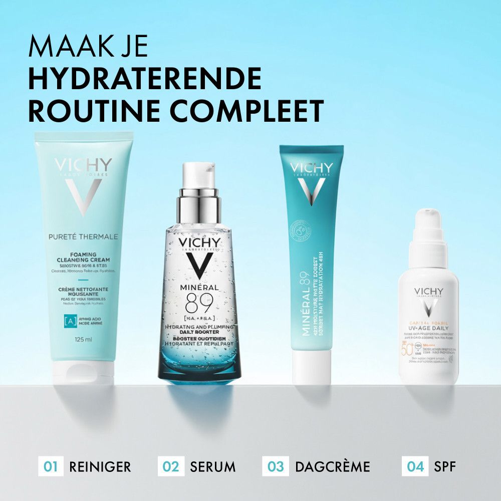 Vier producten. Tekst: Maak je hydraterende routine compleet.