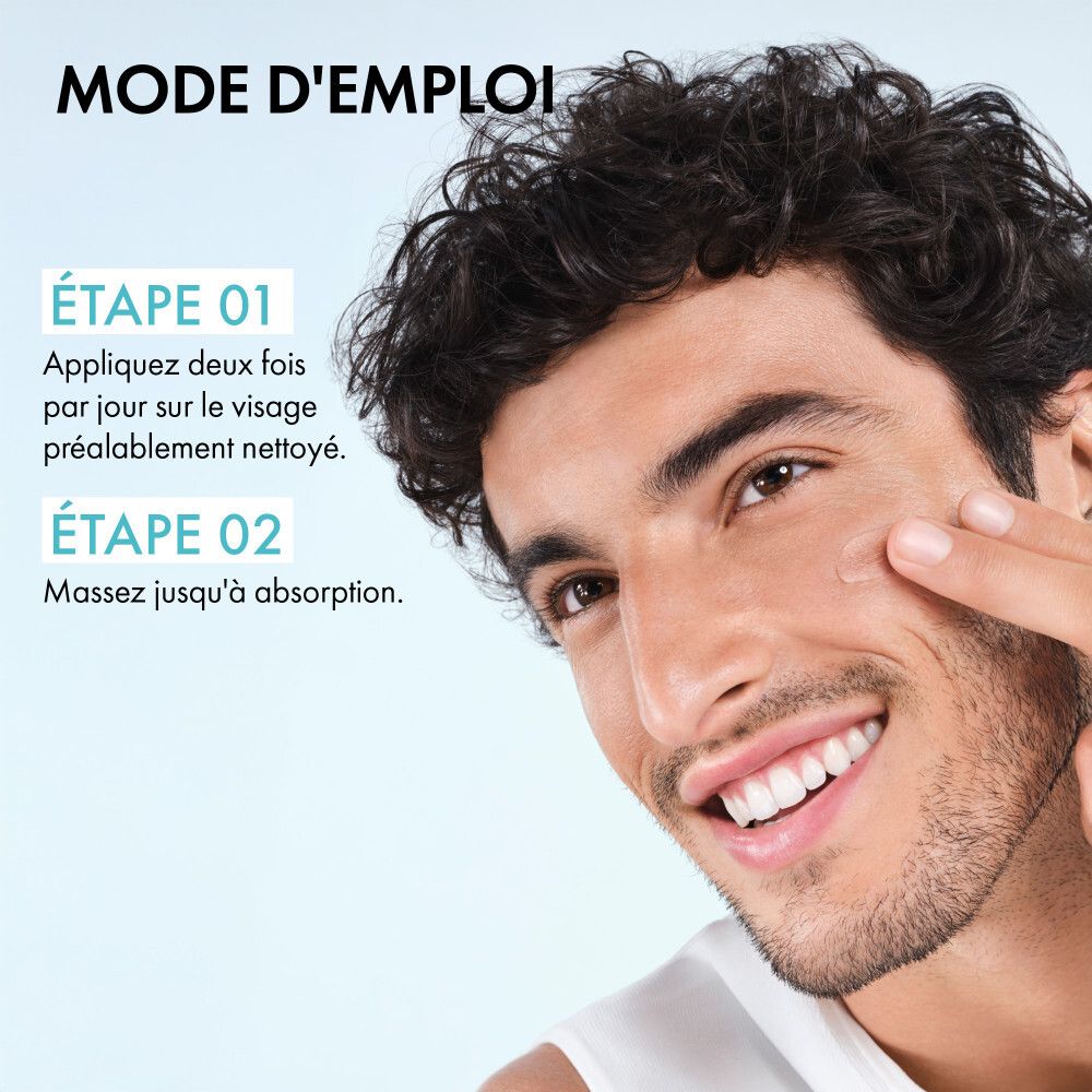 Homme appliquant le produit. Texte : Mode d'emploi, Étapes 01 et 02.