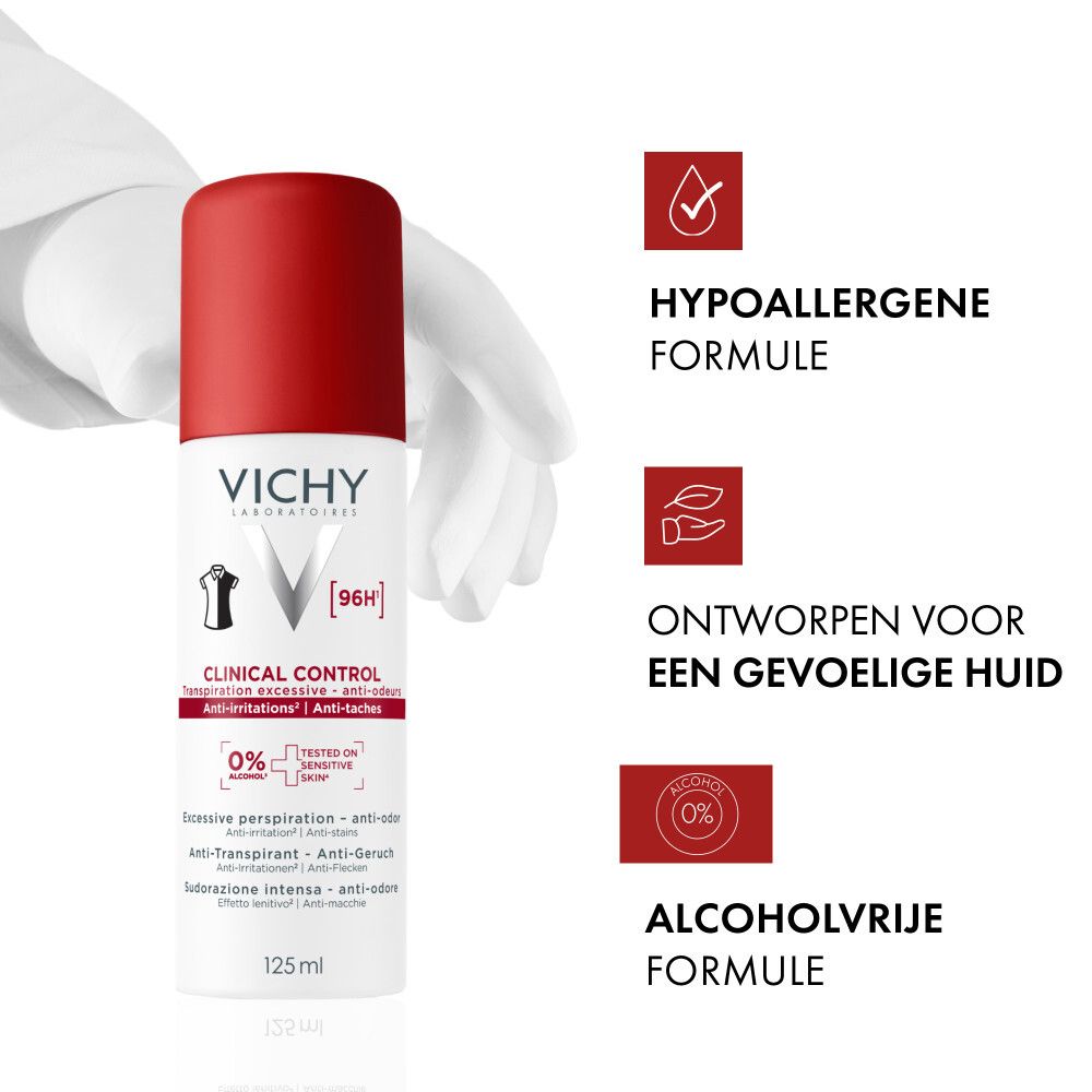 Vichy Clinical Control spray. Witte fles, rode dop. Tekst: Clinical Control, 96H, 0% alcohol.