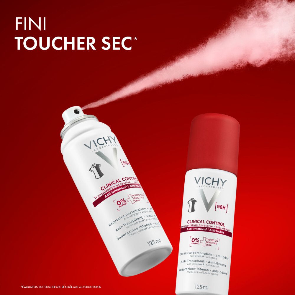 Vichy Clinical Control, spray. Flacon blanc, bouchon rouge. Texte: Clinical Control, 96H, 0% alcool.