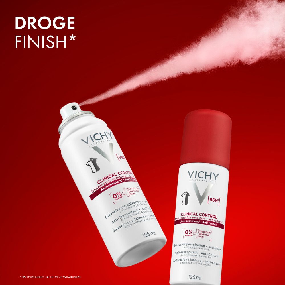 Vichy Clinical Control spray. Witte fles, rode dop. Tekst: Clinical Control, 96H, 0% alcohol.
