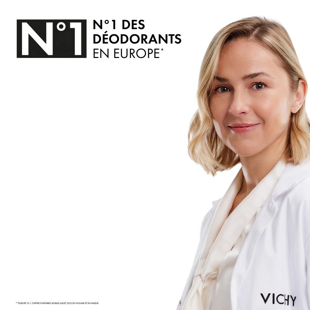 Vichy Clinical Control, spray. Flacon blanc, bouchon rouge. Texte: Clinical Control, 96H, 0% alcool.