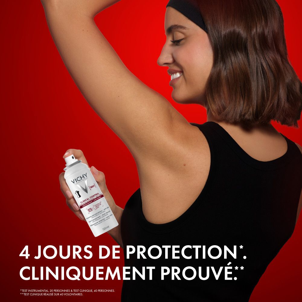 Vichy Clinical Control, spray. Flacon blanc, bouchon rouge. Texte: Clinical Control, 96H, 0% alcool.