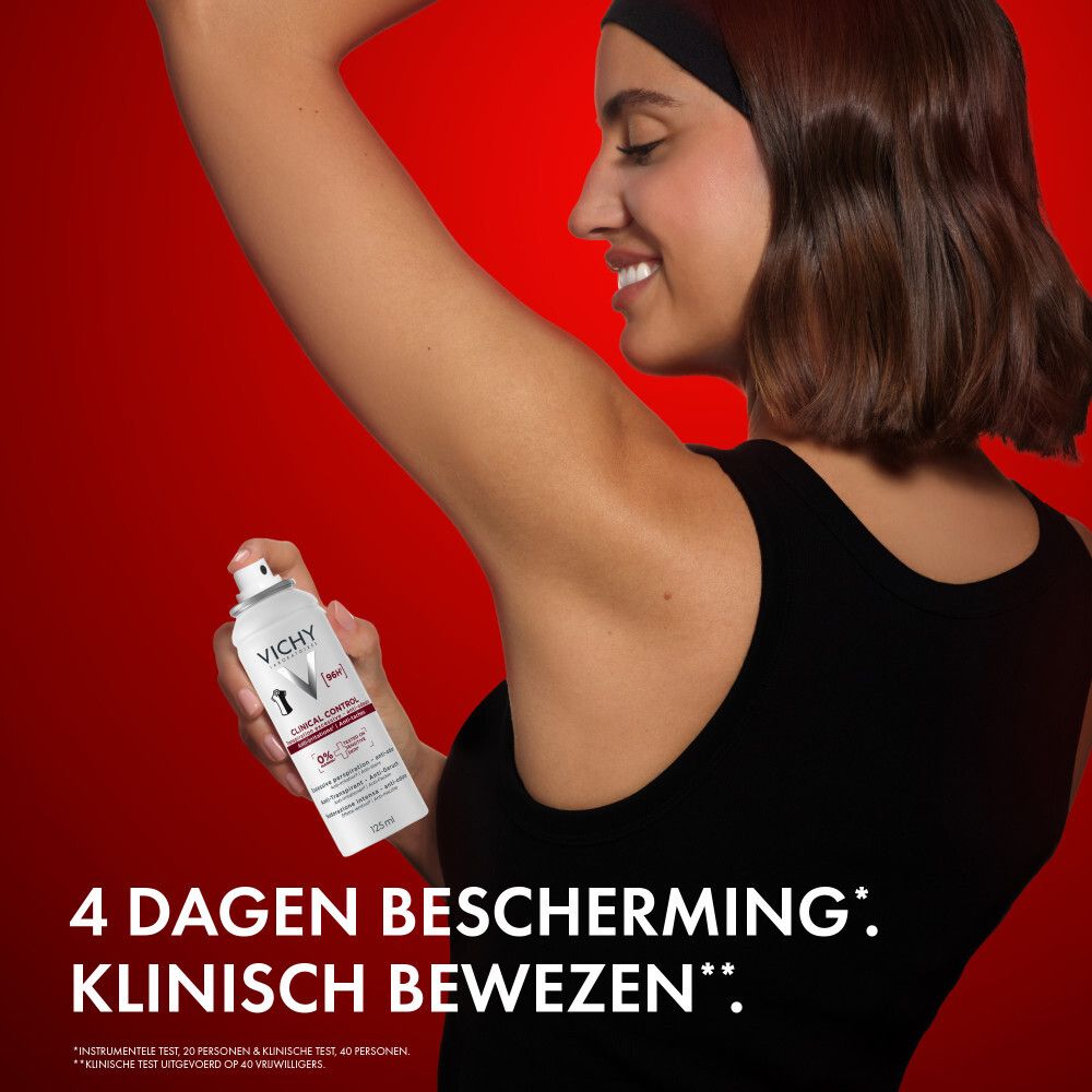 Vichy Clinical Control spray. Witte fles, rode dop. Tekst: Clinical Control, 96H, 0% alcohol.