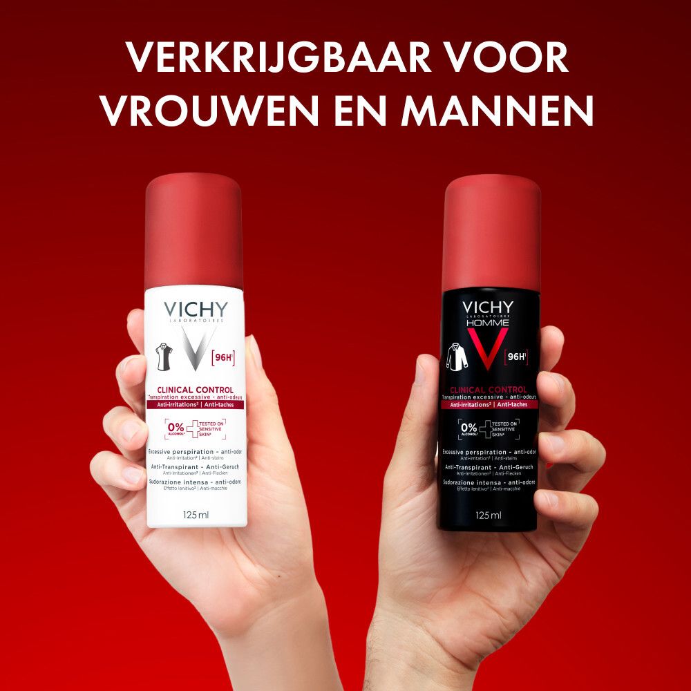 Vichy Clinical Control spray. Witte fles, rode dop. Tekst: Clinical Control, 96H, 0% alcohol.
