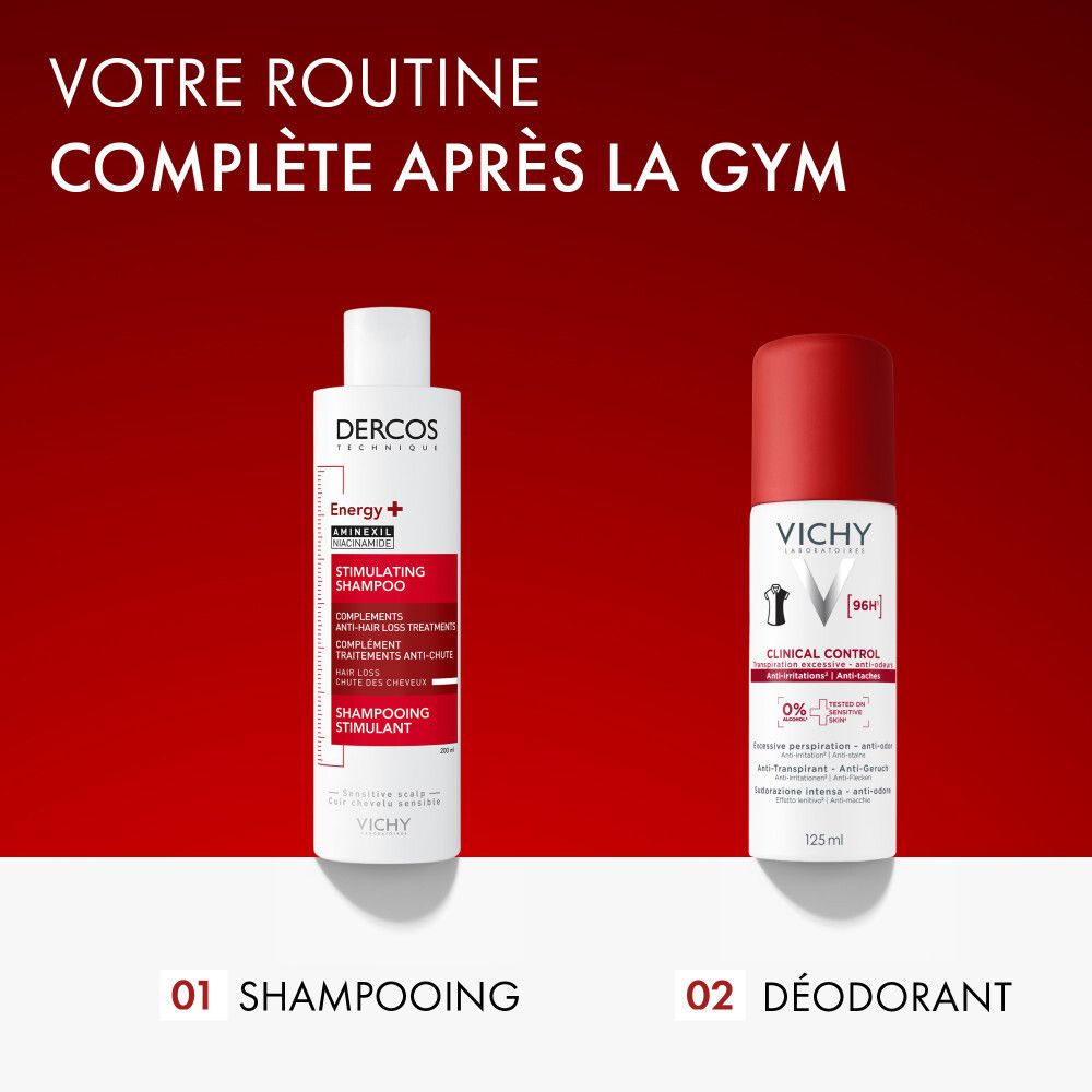 Vichy Clinical Control, spray. Flacon blanc, bouchon rouge. Texte: Clinical Control, 96H, 0% alcool.