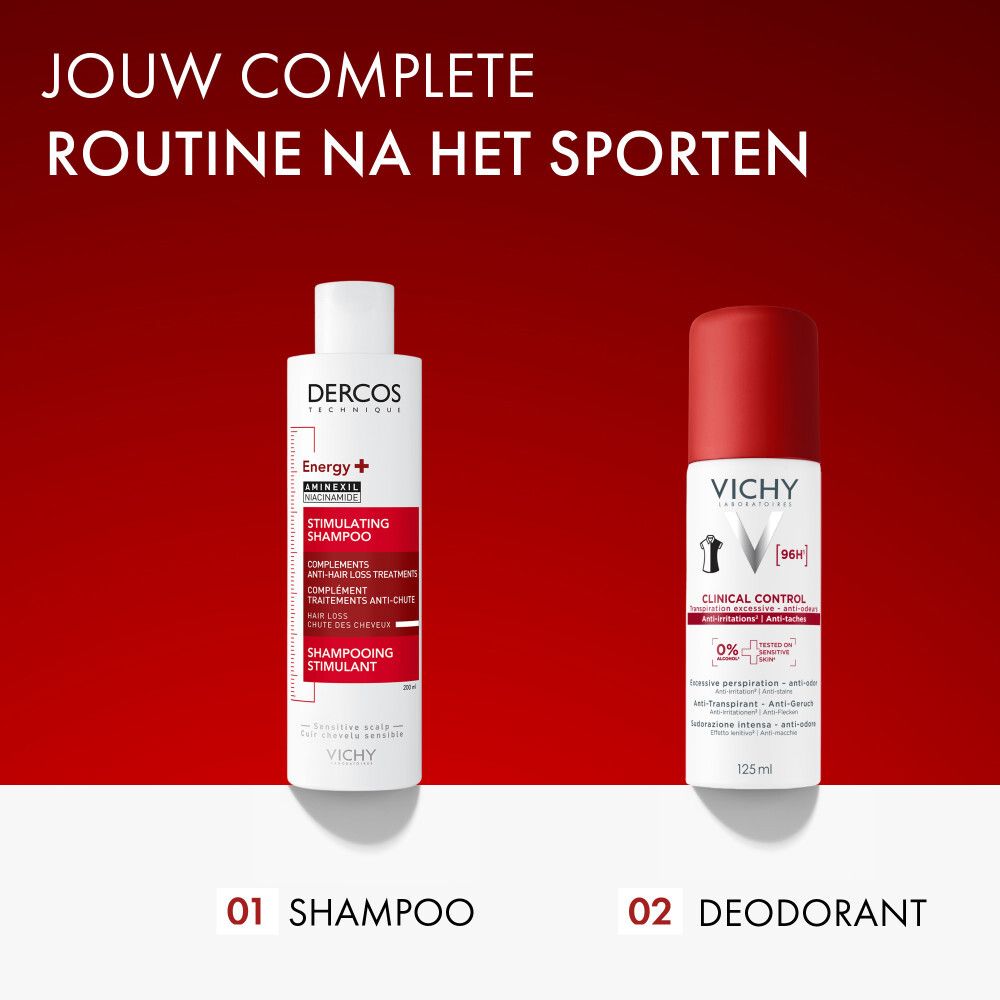 Vichy Clinical Control spray. Witte fles, rode dop. Tekst: Clinical Control, 96H, 0% alcohol.