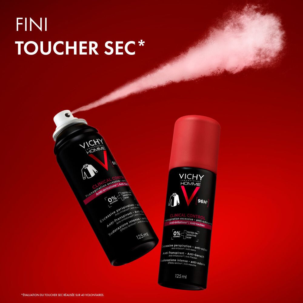 Deux vaporisateurs. Un vaporise. Fond rouge. Vichy Homme, 125ml.
