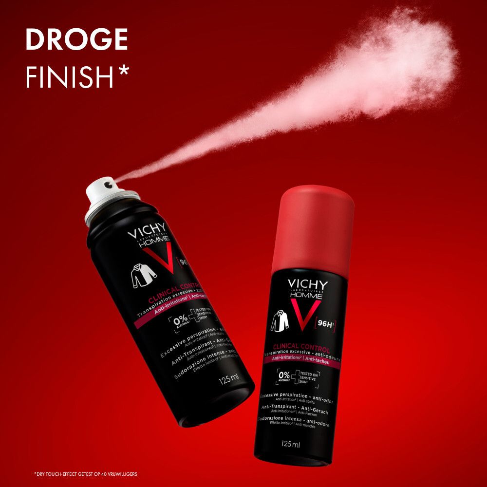 Twee sprayflessen. Eén spuit. Rode achtergrond. Vichy Homme, 125ml.
