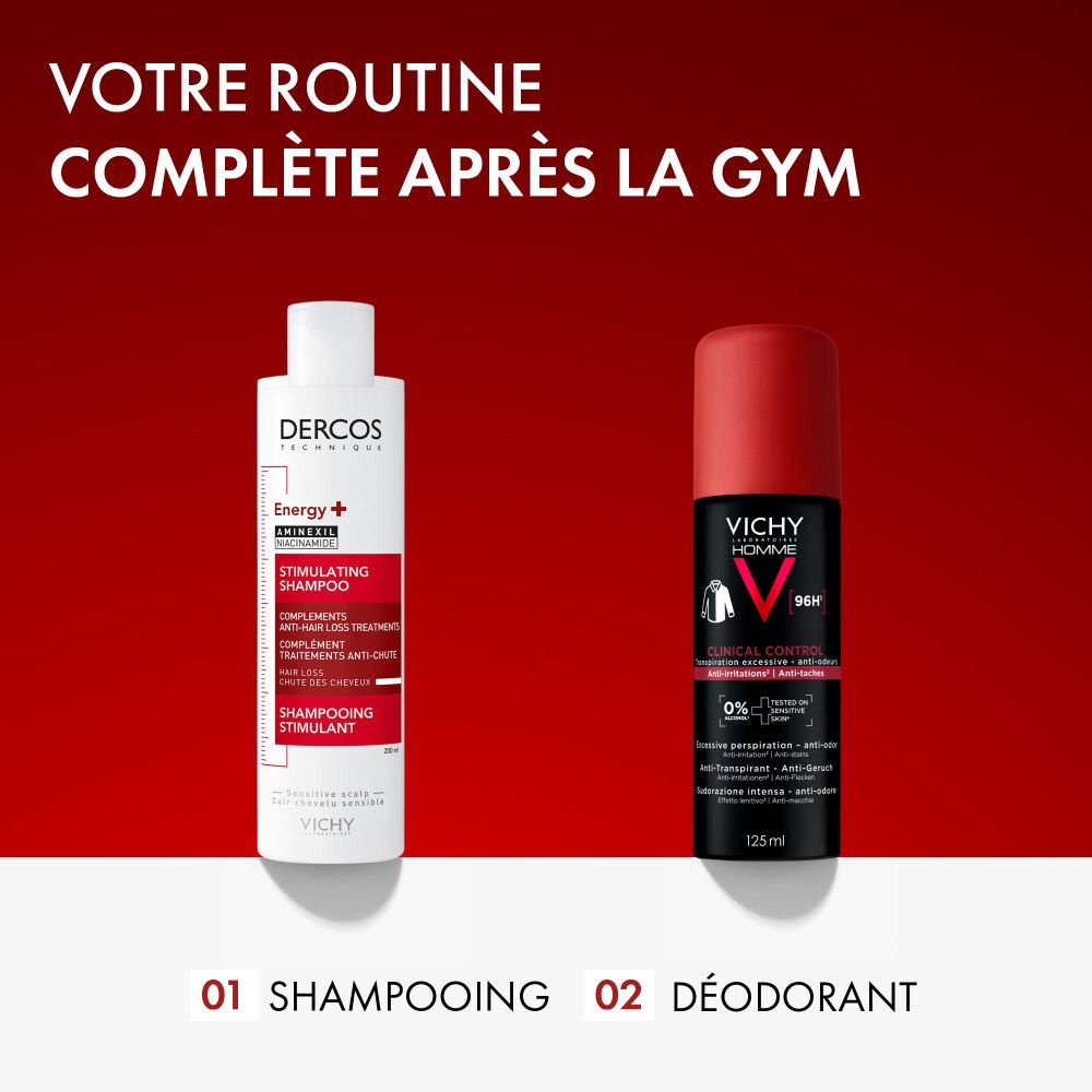 Fond rouge. Deux produits : shampooing et déodorant. Texte.