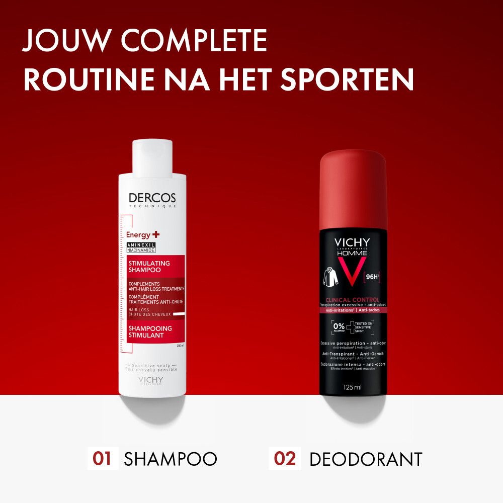 Rode achtergrond. Twee producten: shampoo en deodorant. Tekst.