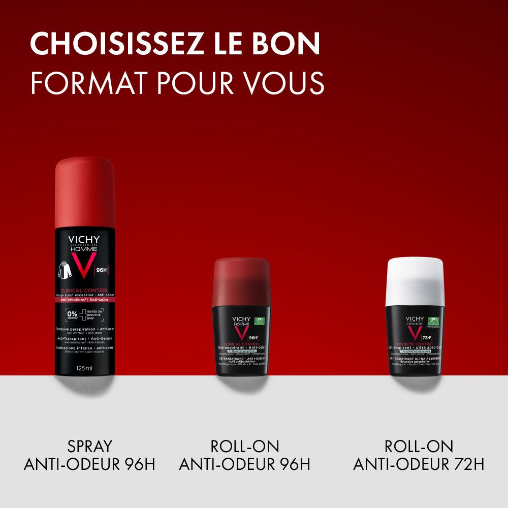 Trois formats de déodorant : spray, roll-on 96H, roll-on 72H. Fond rouge.