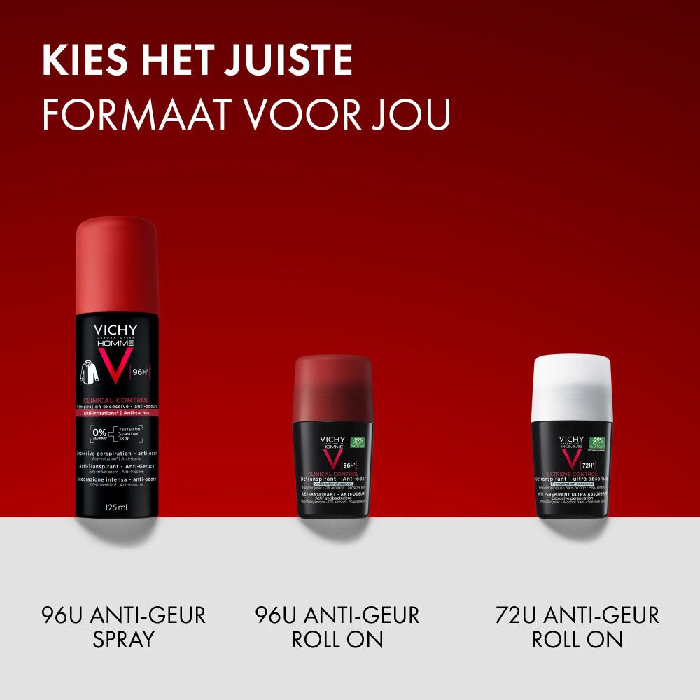 Drie deodorantformaten: spray, roll-on 96H, roll-on 72H. Rode achtergrond.