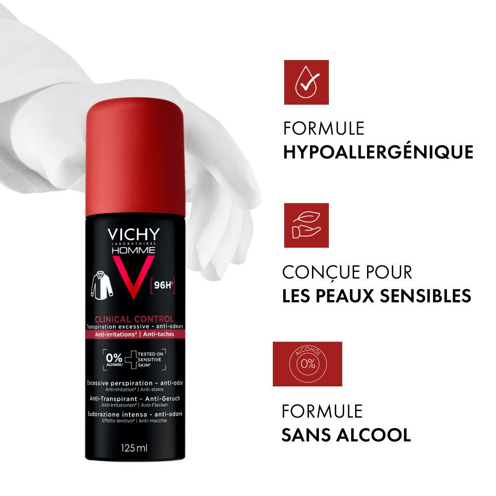 Vaporisateur noir, capuchon rouge. Vichy Homme Clinical Control 96H. 125ml.