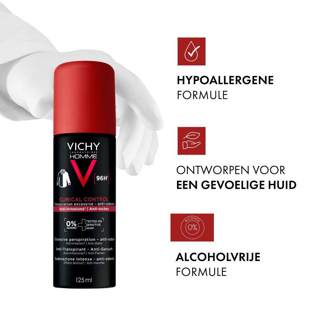 Zwarte sprayfles met rode dop. Vichy Homme Clinical Control 96H. 125ml.
