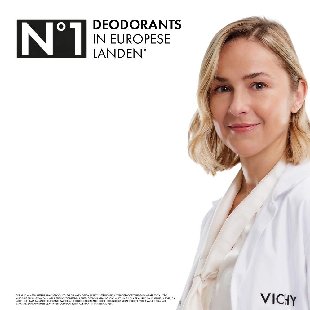 Vrouw in witte jas. Tekst: Nr. 1 deodorants in Europa. Vichy logo.