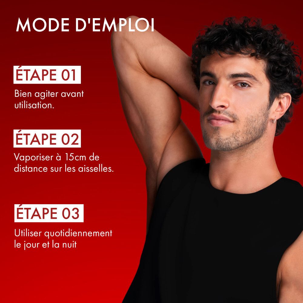 Homme. Étapes d'utilisation : Agiter, vaporiser à 15cm, utiliser quotidiennement.