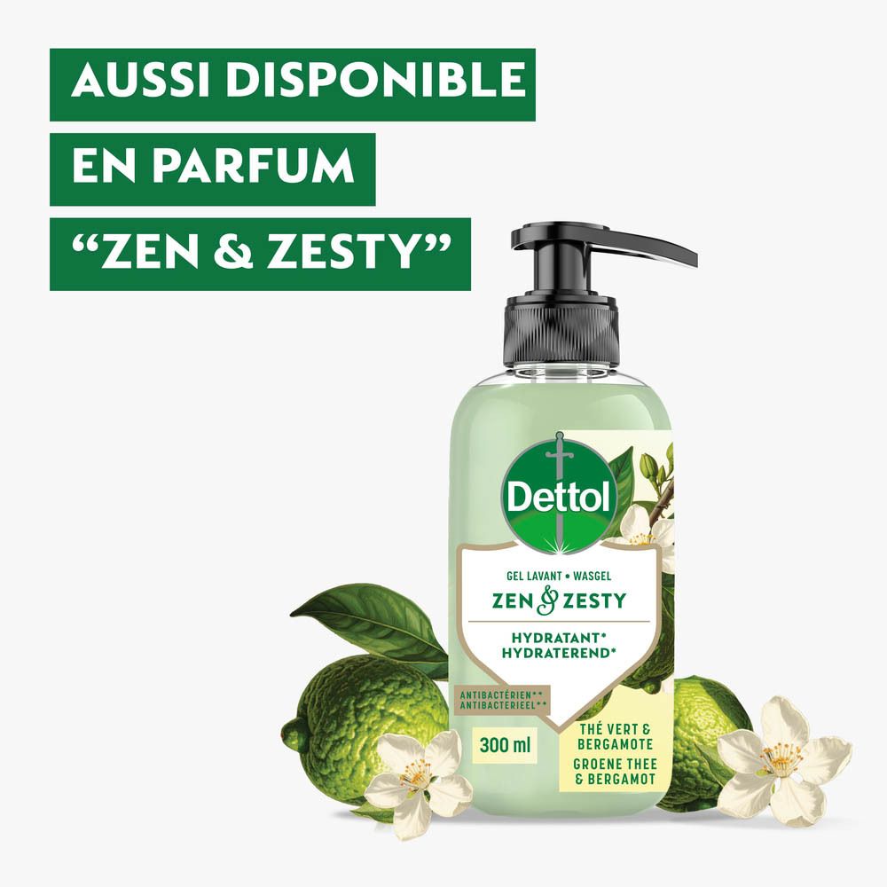 Flacon pompe Dettol gel lavant au thé vert et à la bergamote.