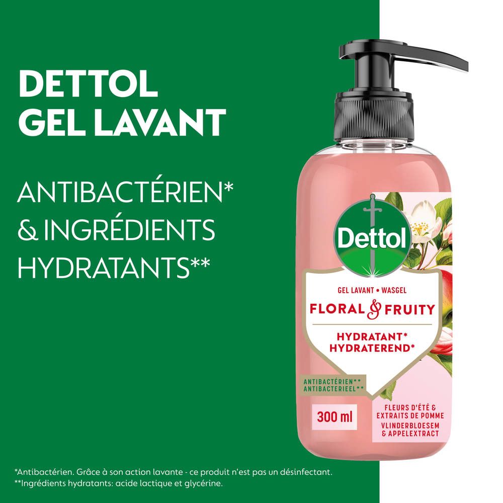 Savon Dettol pour les mains Floral & Fruity avec distributeur. Liquide rose, motif pomme et fleurs.