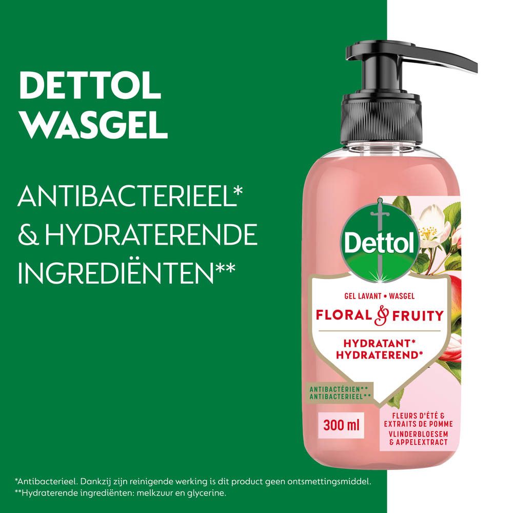 Dettol handzeep Floral & Fruity met pompdispenser. Roze vloeistof, met appel- en bloemenmotief.