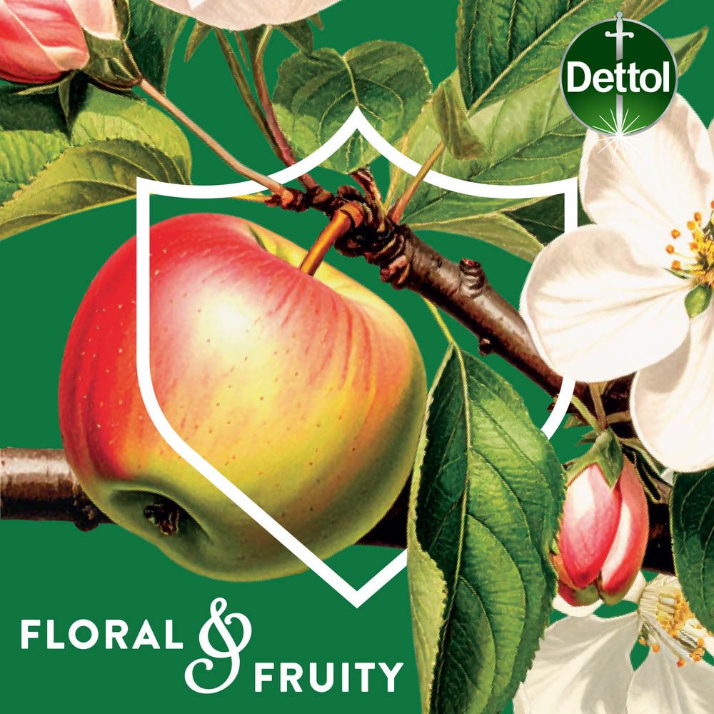 Dettol handzeep Floral & Fruity met pompdispenser. Roze vloeistof, met appel- en bloemenmotief.