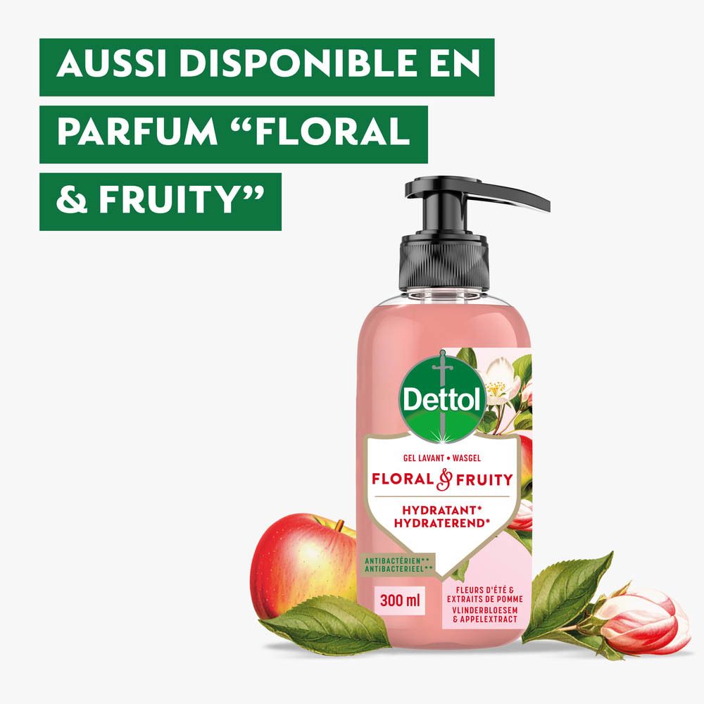 Savon Dettol pour les mains Floral & Fruity avec distributeur. Liquide rose, motif pomme et fleurs.