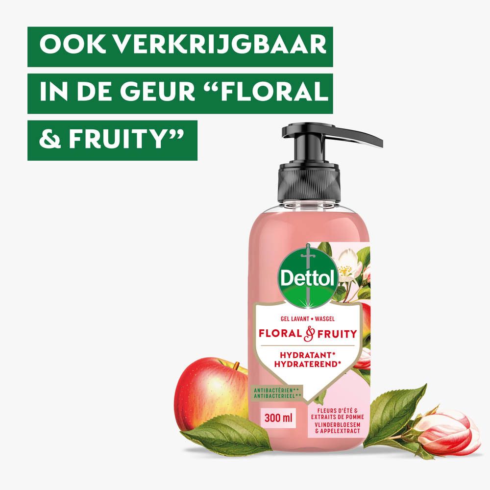 Dettol handzeep Floral & Fruity met pompdispenser. Roze vloeistof, met appel- en bloemenmotief.