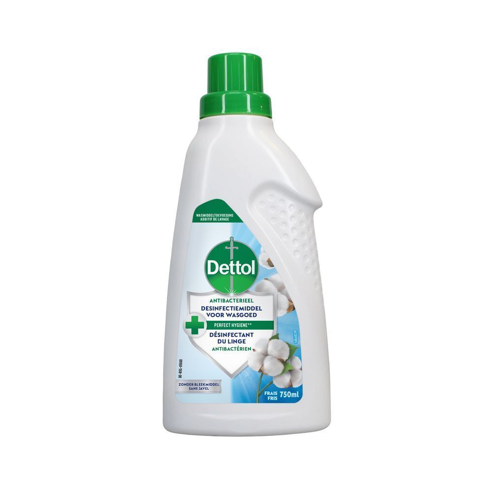 Witte plastic fles met groene dop, Dettol antibacterieel wasmiddel desinfectiemiddel.