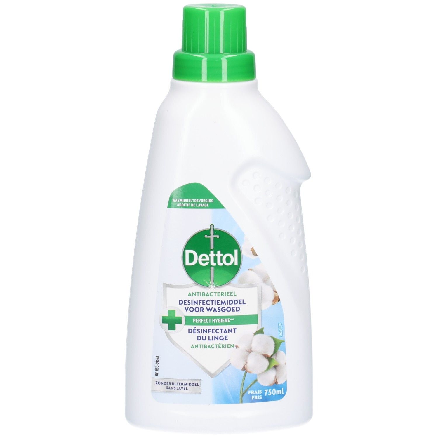 Bouteille en plastique blanche avec bouchon vert, Dettol Désinfectant du Linge Antibactérien.