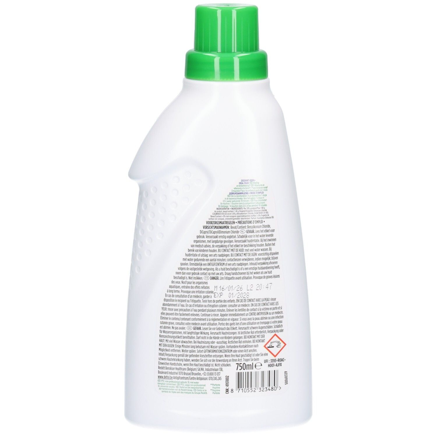 Arrière d'une bouteille en plastique blanche avec bouchon vert, Dettol Désinfectant du Linge Antibactérien.