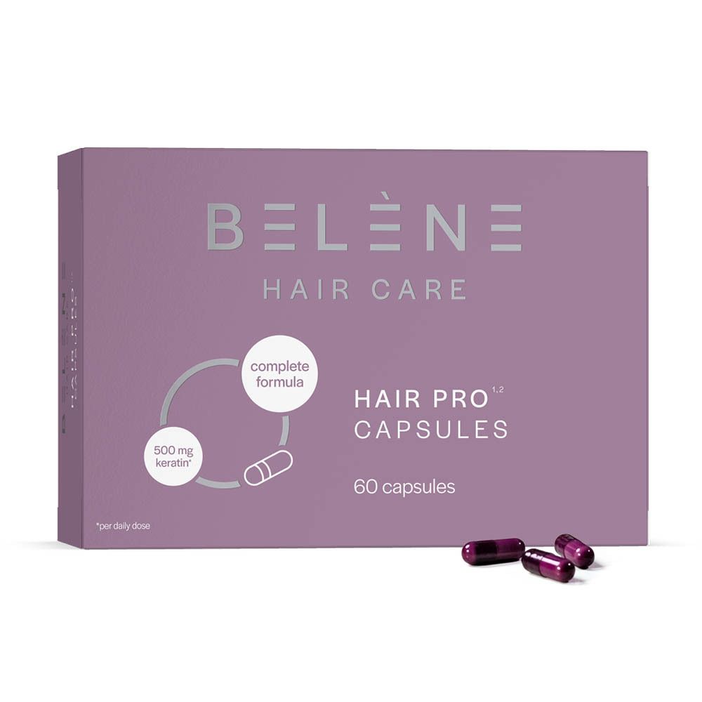 Lila doos met "BELÈNE HAIR CARE" en "HAIR PRO CAPSULES". 3 capsules ernaast.
