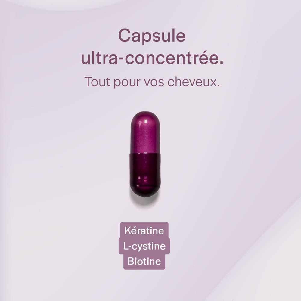 Gros plan d'une capsule. Texte : Kératine, L-cystine, Biotine.