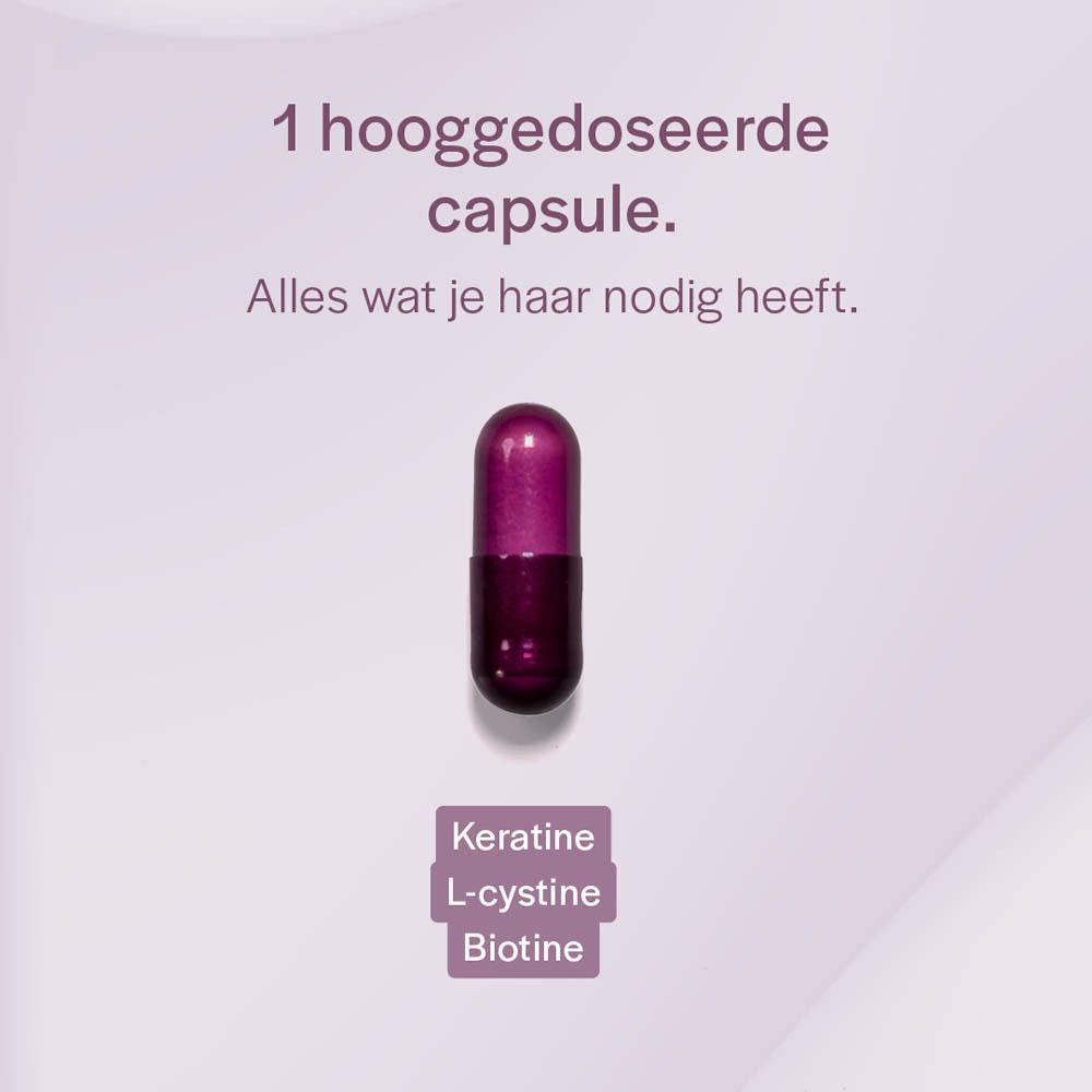 Enkele capsule. Opschrift: Keratine, L-cysteine, Biotine. Achtergrond: roze.