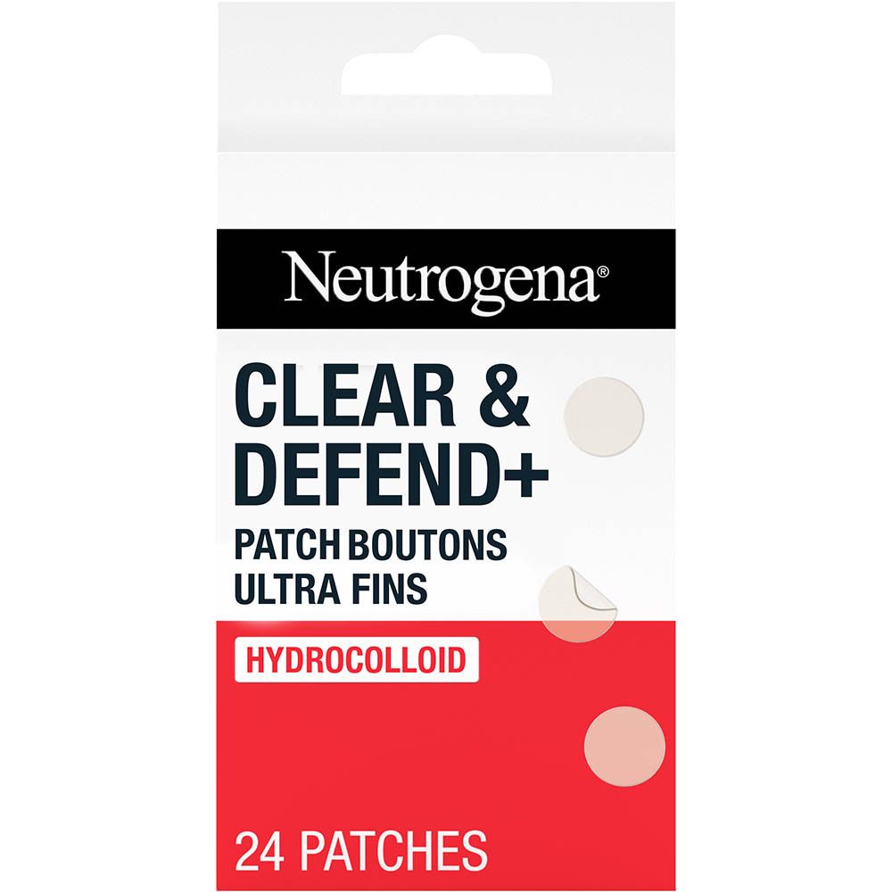 Neutrogena Clear & Defend+ Patch Boutons Ultra Fins. Emballage blanc et rouge. 24 patchs.