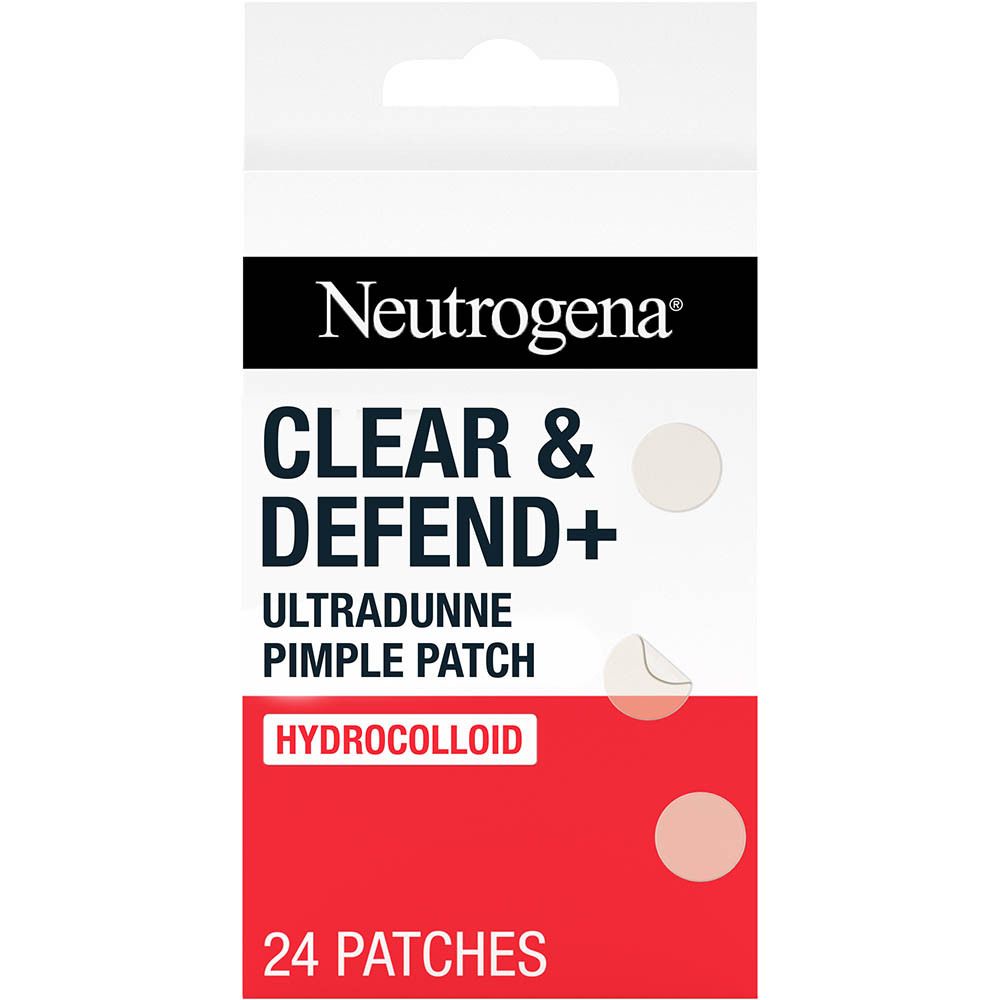Neutrogena Clear & Defend+ Ultra Dunne Pimple Patch. Witte verpakking met rode accenten. 24 patches.