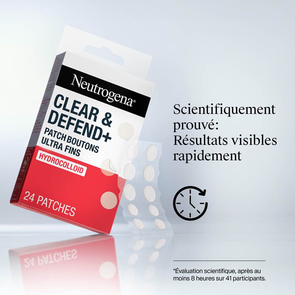 Neutrogena Clear & Defend+ Patch Boutons. Emballage et patchs. Texte : Scientifiquement prouvé.