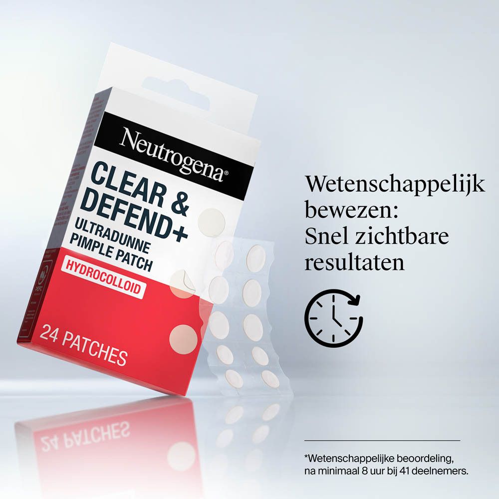 Neutrogena Clear & Defend+ Ultra Dunne Pimple Patch. Verpakking en patches. Tekst: Wetenschappelijk bewezen.