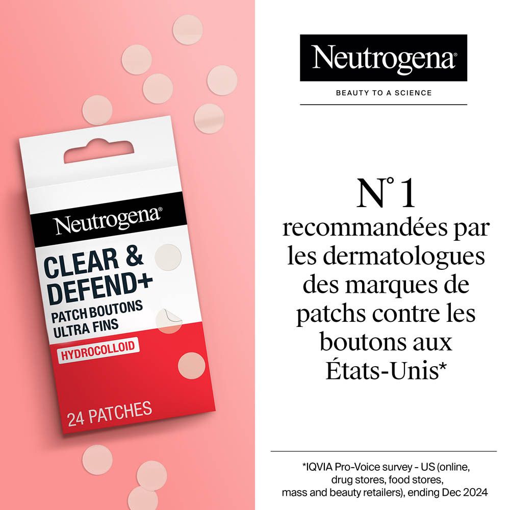 Neutrogena Clear & Defend+ Patch Boutons. Emballage et patchs. Texte : N° 1 recommandé.