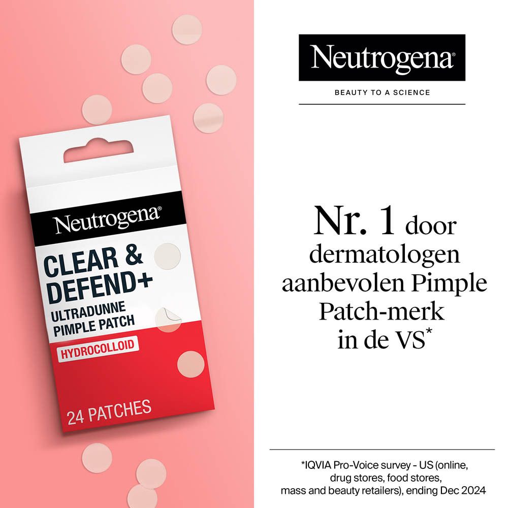 Neutrogena Clear & Defend+ Ultra Dunne Pimple Patch. Verpakking en patches. Tekst: Nr. 1 aanbevolen.