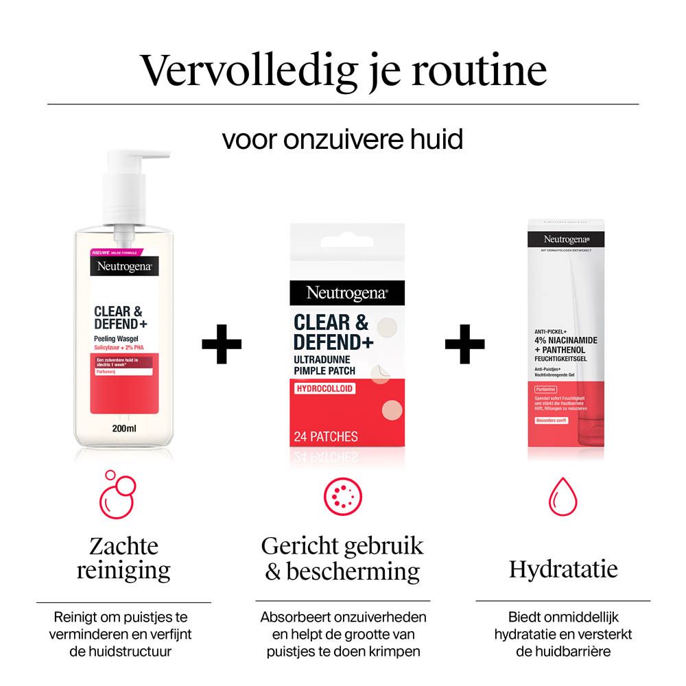 Neutrogena Clear & Defend+ producten. Reiniging, gerichte toepassing, hydratatie. Illustraties.